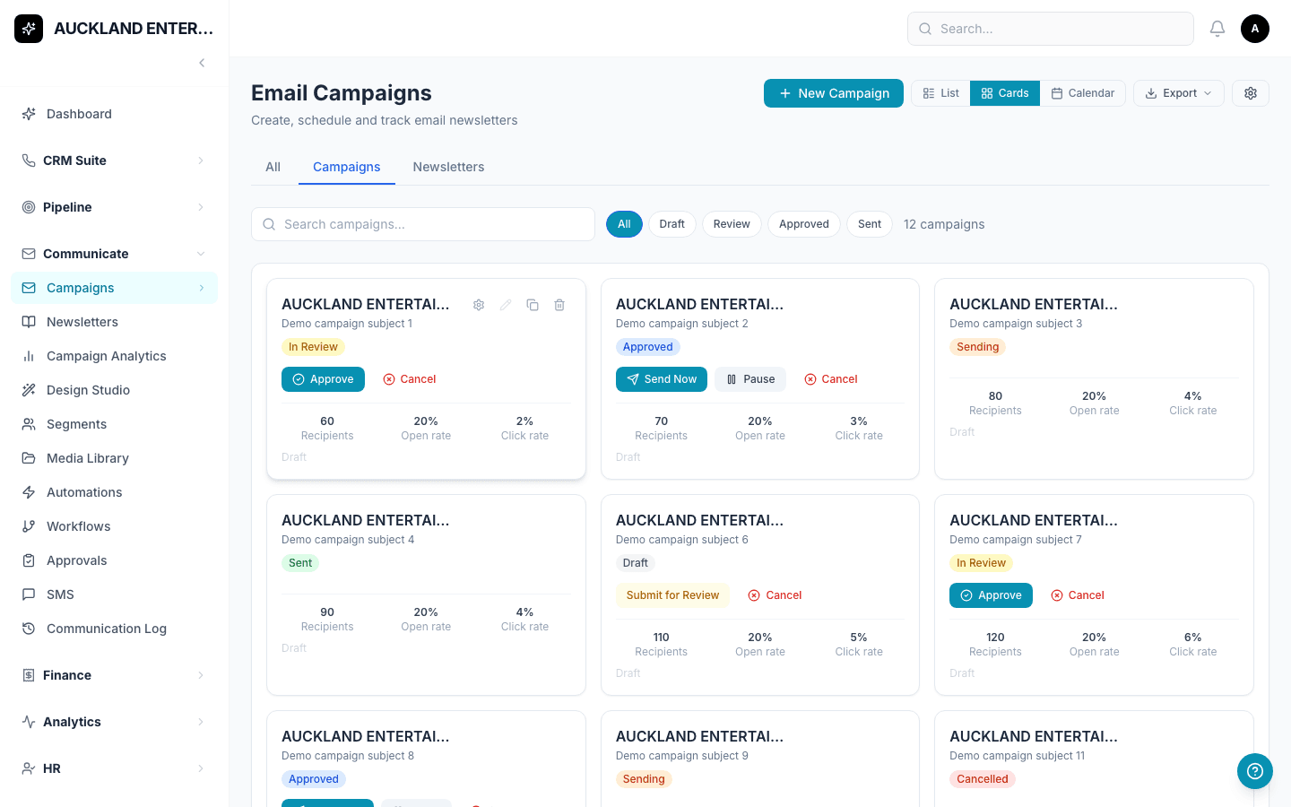 A list of email campaigns with their status, recipient count, and open and click rates