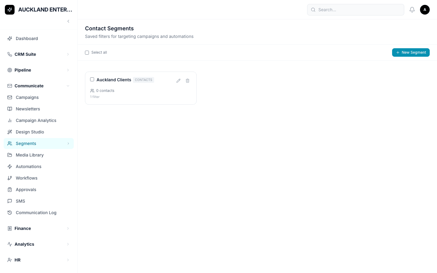 The Segments page showing saved recipient lists with a button to create a new one