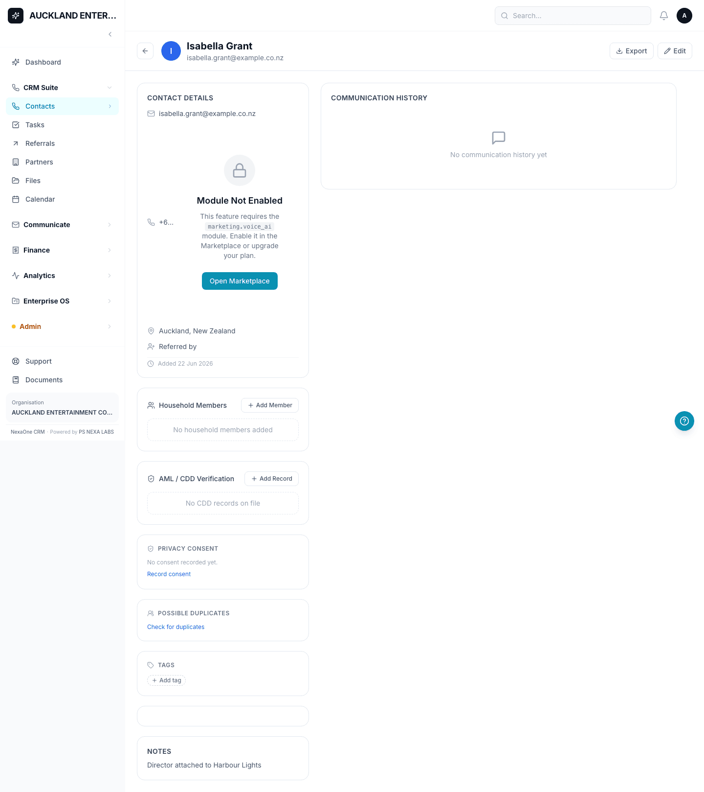 A client's detail page in NexaOne CRM, showing compliance checks alongside their contact details