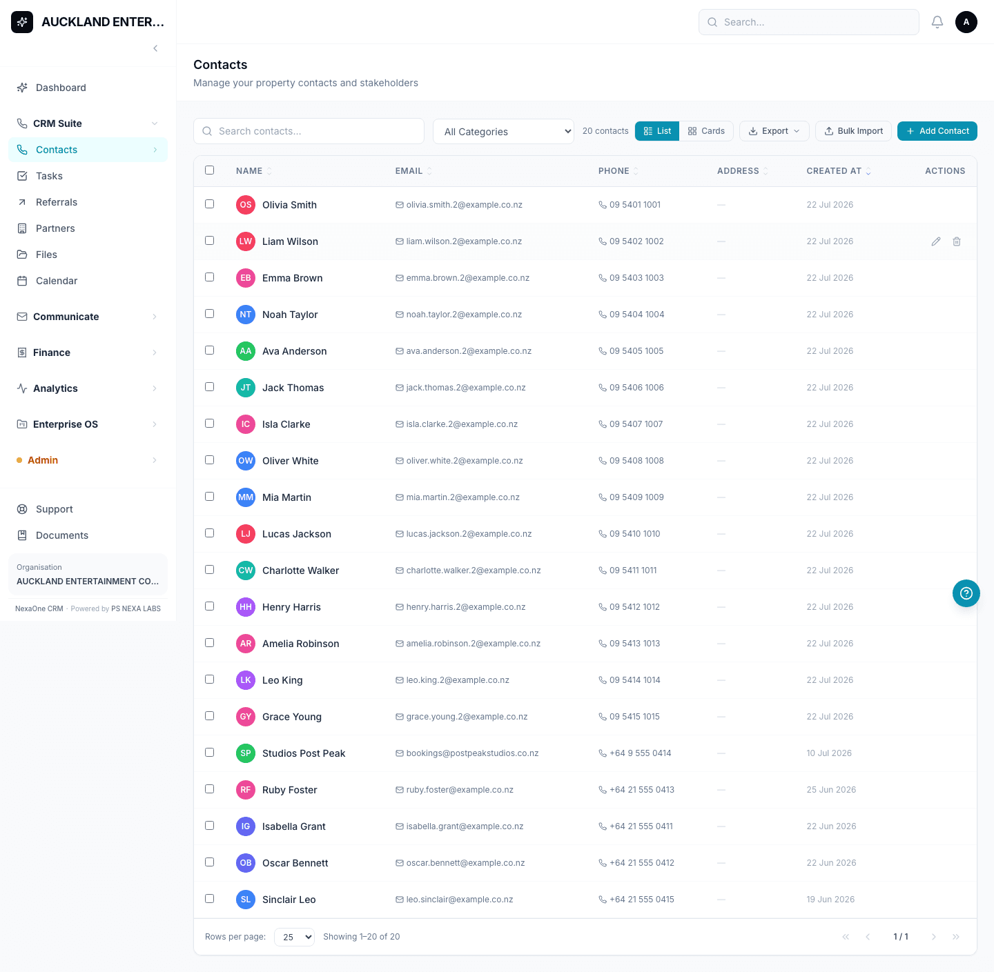 The Contacts screen in NexaOne CRM, showing a searchable list of clients