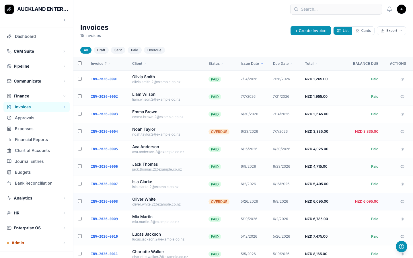 The Invoices list showing each invoice's client, status, dates, total and balance due