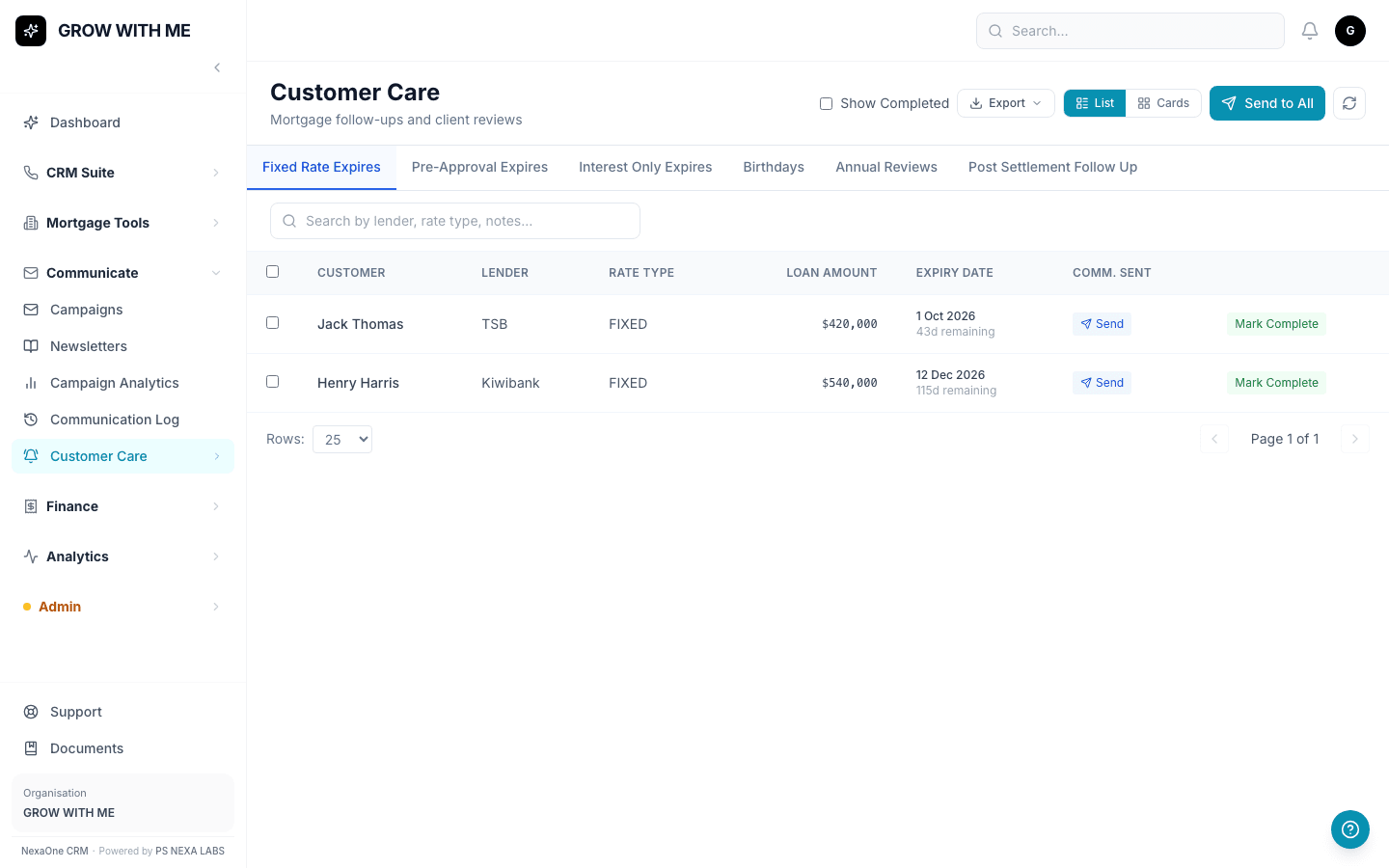 A Follow-Ups worklist showing clients due for a check-in, grouped by reminder type