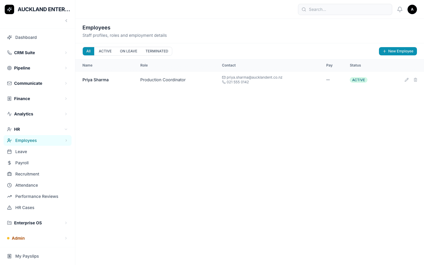 The Employees list showing staff names, roles, contact details and status