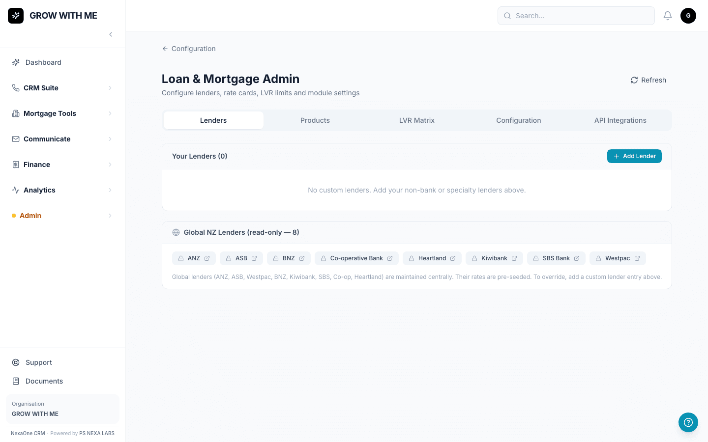 The Loan Admin screen showing the Lenders tab with a list of connected lenders