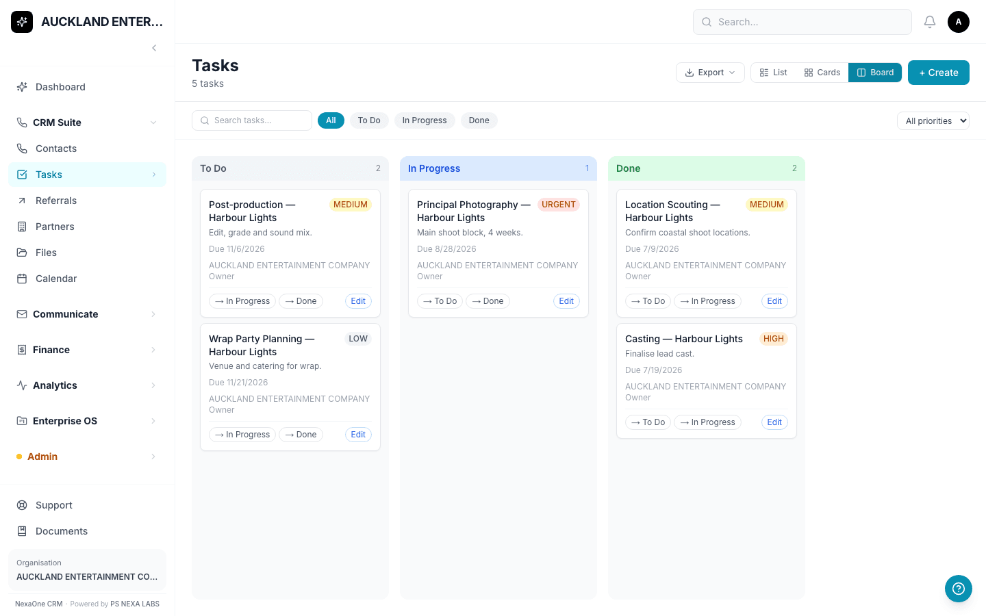 The Tasks board in NexaOne CRM showing cards sorted into To Do, In Progress and Done columns
